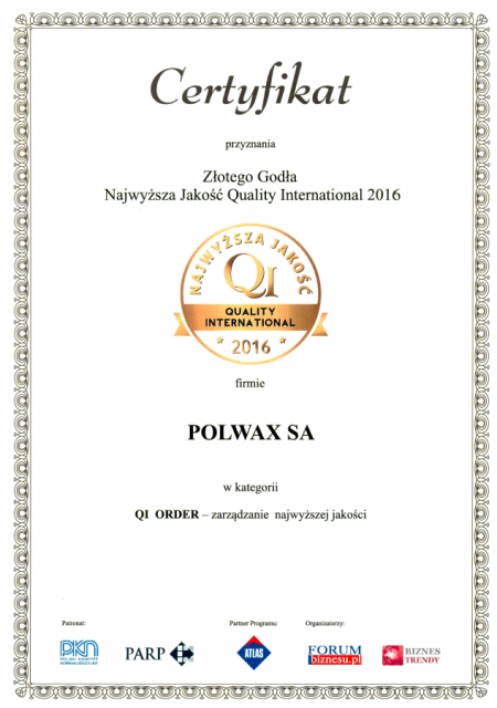 Złote Godło w kategorii QI ORDER – Zarządzanie Najwyższej Jakości dla Polwax S.A.