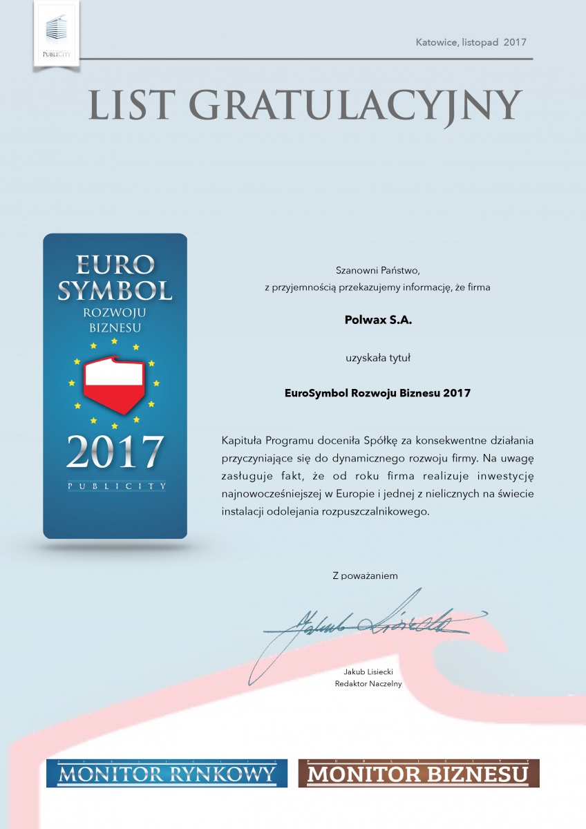 EuroSymbol Rozwoju Biznesu 2017 dla Polwax S.A.