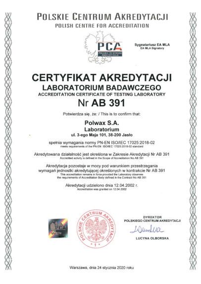 Certyfikat akredytacji nr AB-391