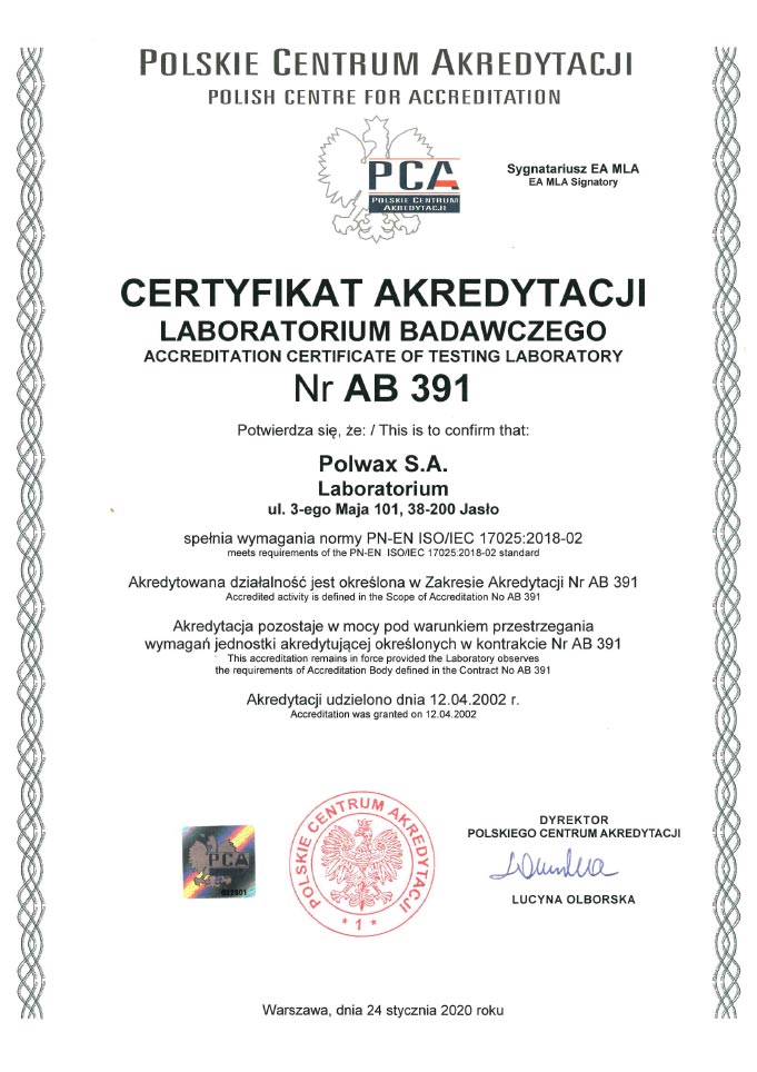 Certyfikat akredytacji nr AB-391